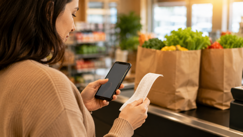Person checking their New Mexico EBT balance on a phone near a grocery checkout counter