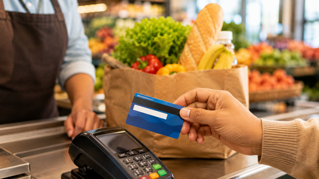 Hand holding an EBT card at a grocery store checkout counter for SNAP benefits in New Mexico