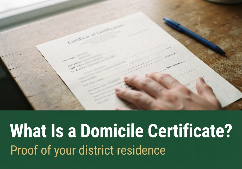 Sample domicile certificate with blurred personal details