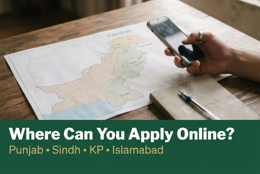 Map of Pakistan showing online domicile options in Punjab, Sindh, KP and Islamabad