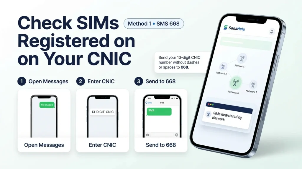 Screenshot of an SMS sent to 668 to check how many SIMs are registered on a CNIC in Pakistan