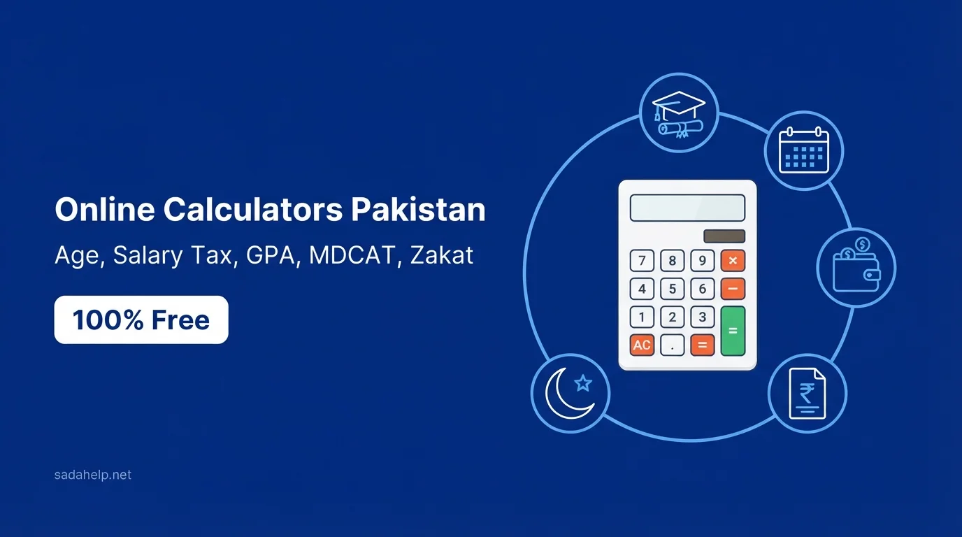 Online calculators Pakistan banner with a calculator and icons for age, salary tax, GPA, MDCAT and Zakat